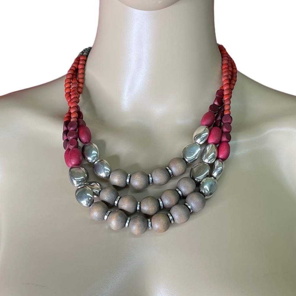 Chico's Wooden and Silver Bead Triple Strand Necklace